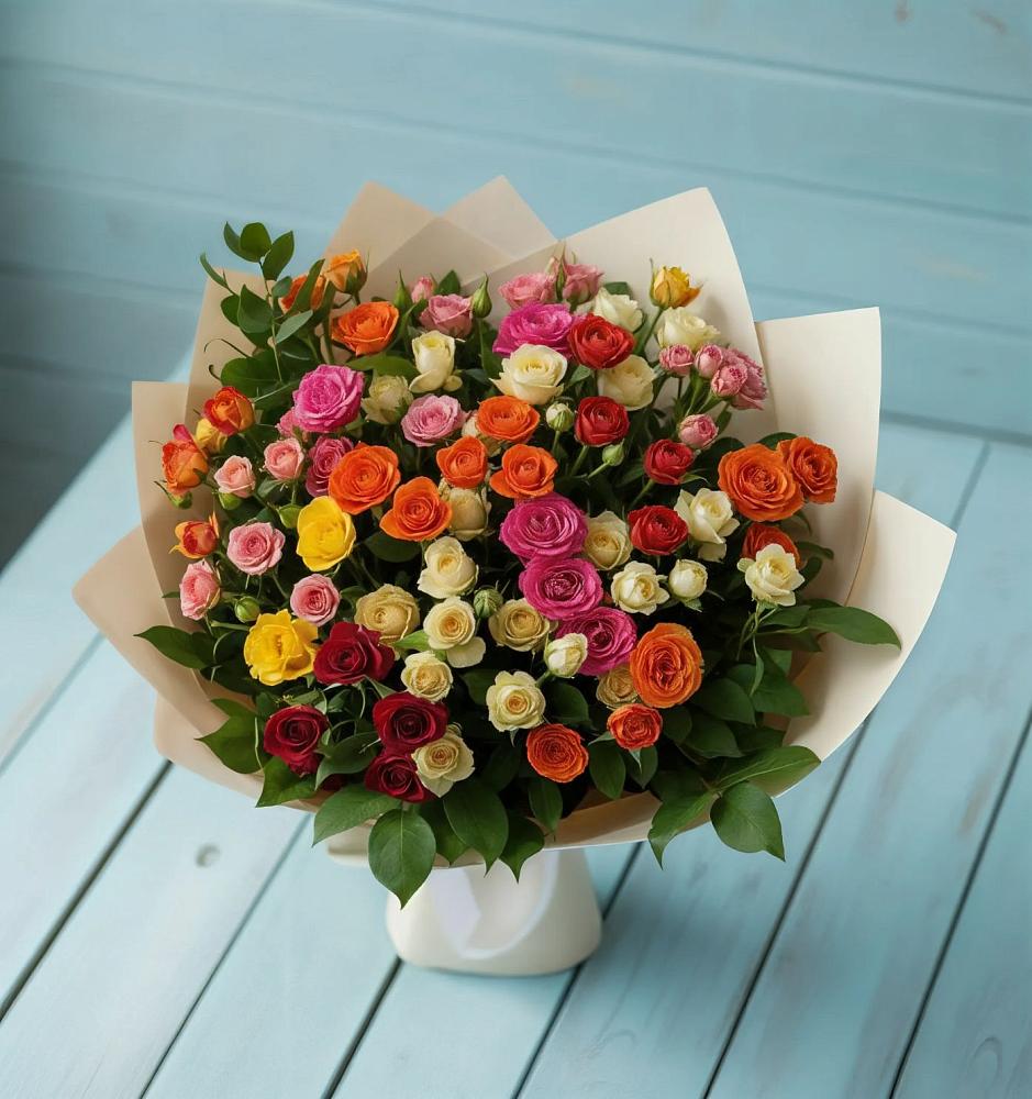 Букет Микс из разноцветных кустовых роз в Малино