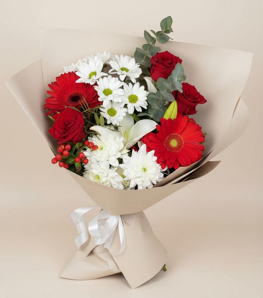 Букет цветов из: Розы, Хризантемы, Герберы и Лилии в Малино